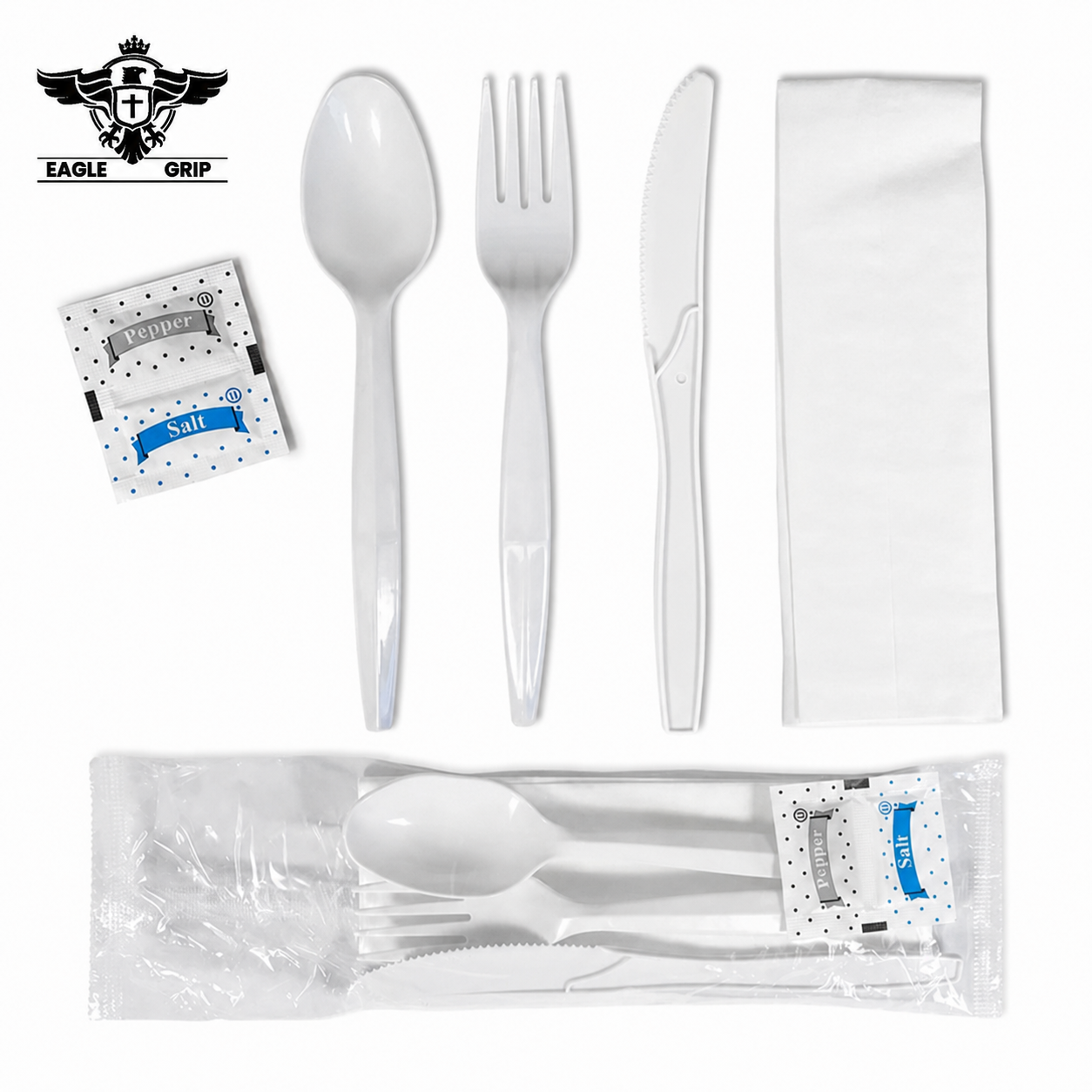 Eagle Grip - Piece Medium Heavy Meal Kit Disposable Cutlery (F/K/TS/N/S&P) - 500 Pack, White CODE: CUT062