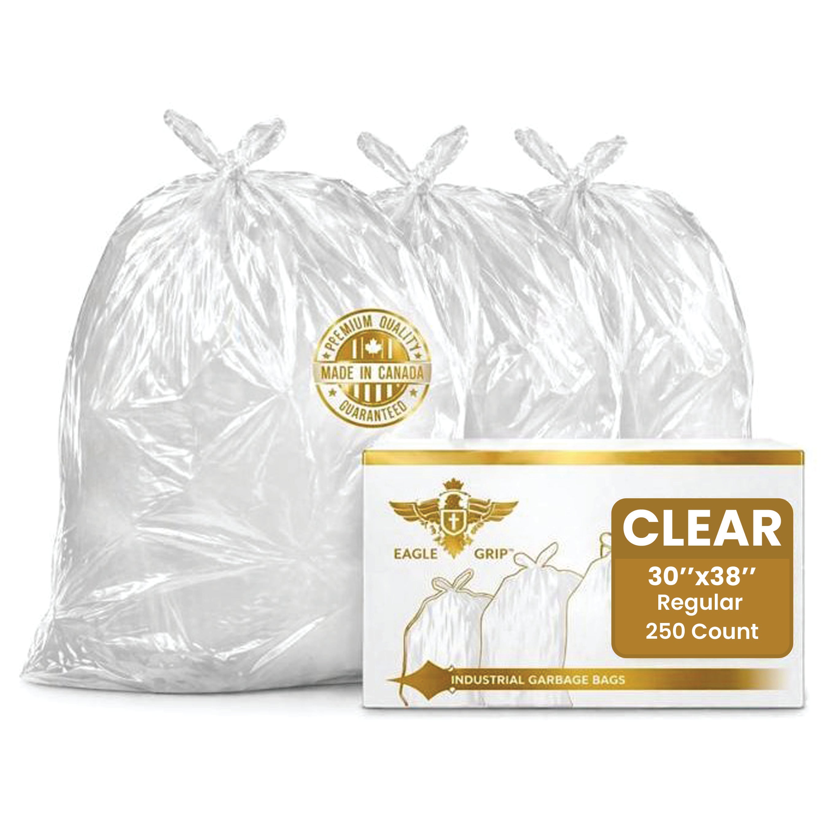 Eagle Grip Clear Garbage Bags 30 x 38 Inch (250 Count), Regular Kitchen Garbage Bag for Waste Bin, Multipurpose Trash Bags for Home & Office