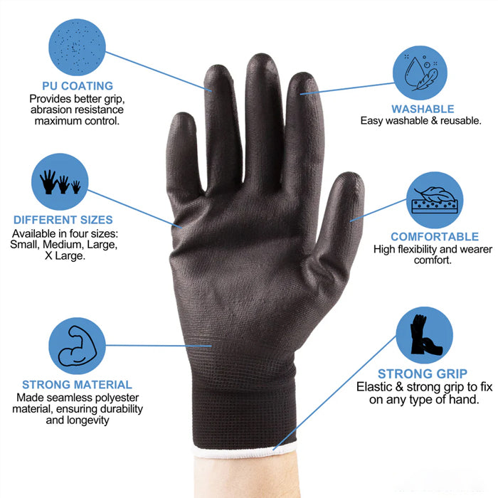 PU Coated Nylon Gloves, Black, 12 Pr/ Bag - Eagle Global Solution