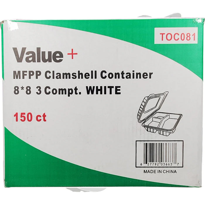 Eco-Craze MFPP Clamshell Container 8x8x2.6" - 3 Compt. White - Eagle Global Solution