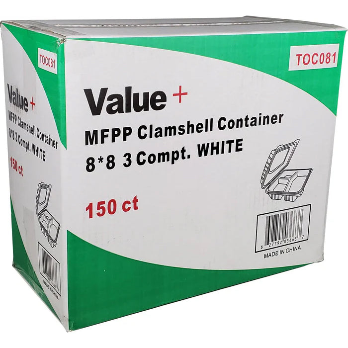 Eco-Craze MFPP Clamshell Container 8x8x2.6" - 3 Compt. White - Eagle Global Solution