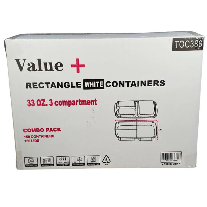 Value+ - 33oz 3 Compartment Rectangle Container - White - Eagle Global Solution