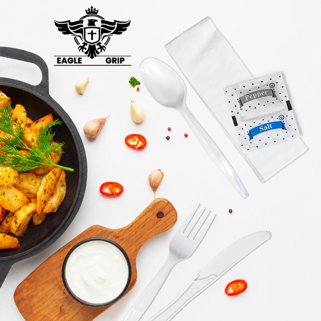 Eagle Grip - Piece Medium Heavy Meal Kit Disposable Cutlery (F/K/TS/N/S&P) - 500 Pack, White CODE: CUT062