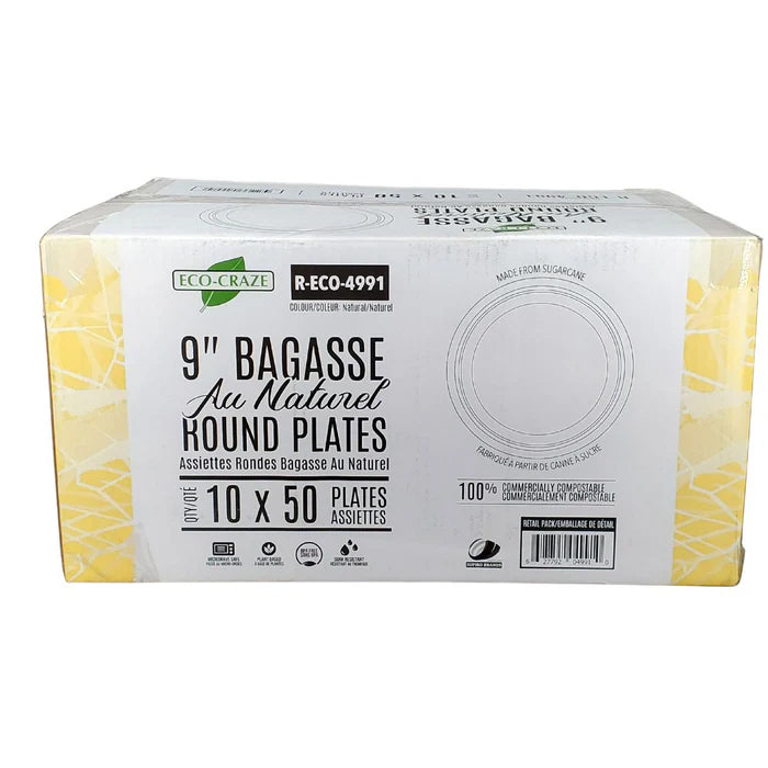 Eco-Craze - 9" Natural Round Plate - Bagasse - Eagle Global Solution