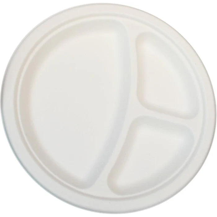 Eco-Craze - 9" 3 Compartment- Bagasse Round Plate - Retail Pack - Eagle Global Solution
