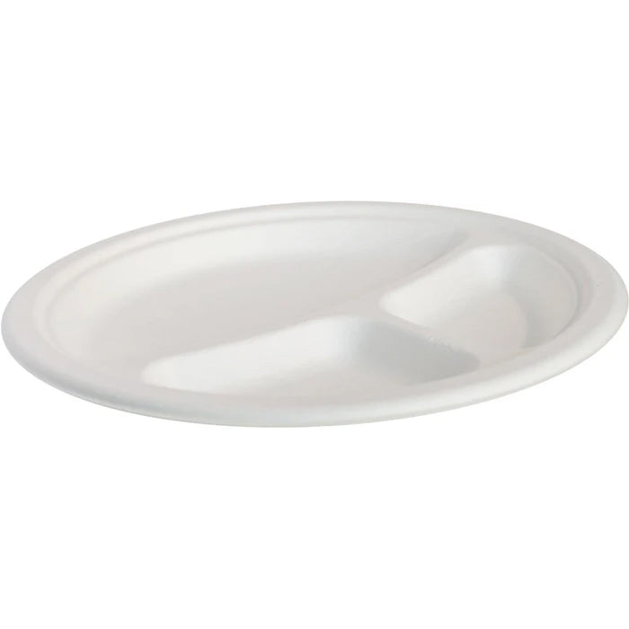Eco-Craze - 9" 3 Compartment- Bagasse Round Plate - Retail Pack - Eagle Global Solution