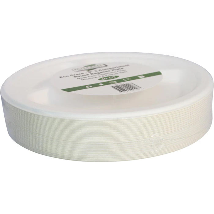 Eco-Craze - 9" 3 Compartment- Bagasse Round Plate - Retail Pack - Eagle Global Solution