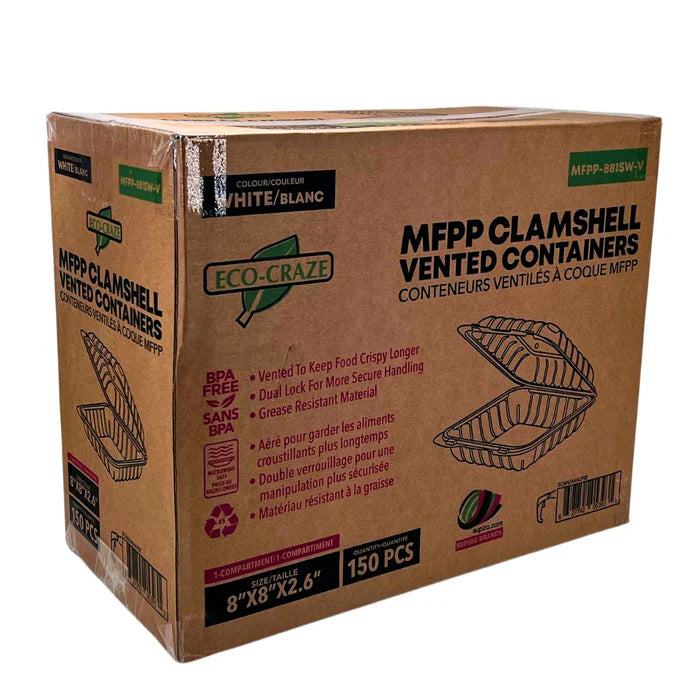 Eco-Craze MFPP Clamshell Container 8x8x2.6"- 1 Compt White - Eagle Global Solution