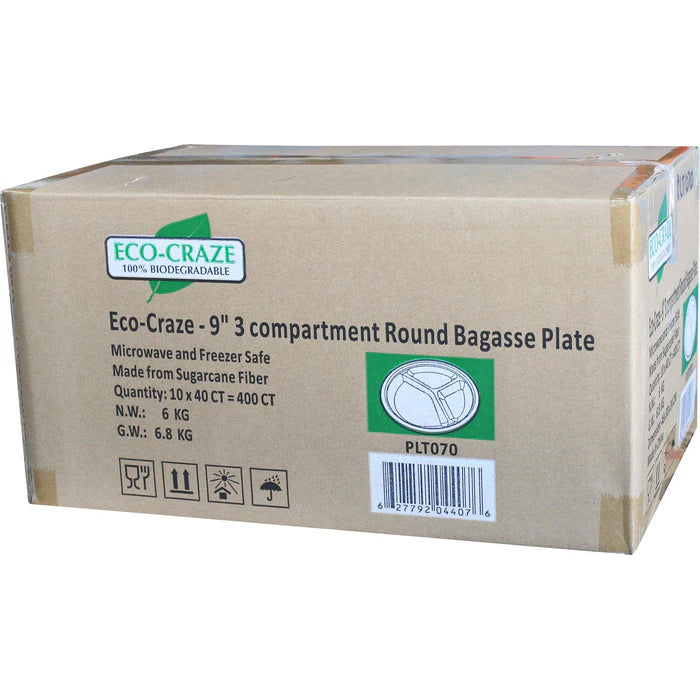 Eco-Craze - 9" 3 Compartment- Bagasse Round Plate - Retail Pack - Eagle Global Solution