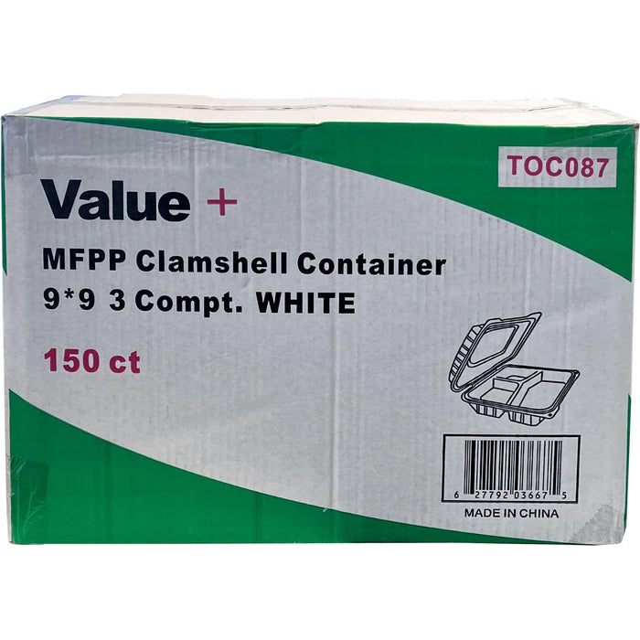 Eco-Craze MFPP Clamshell Container 9x9x2.6" 3 Compt. White - Eagle Global Solution