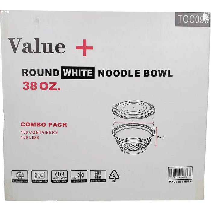 Value+ - 38oz Round Plastic Noodle Bowl - White - YN-38 - Eagle Global Solution