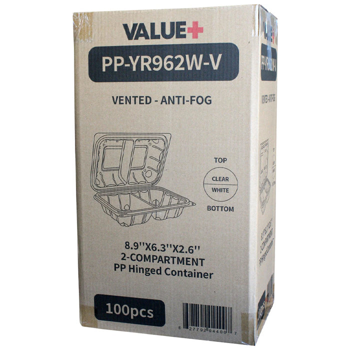 Value+ - YR962W-V - PP Hinged Cont. - 8.9x6.3x2.6"-2Compt. - White w/Clear Lid - Eagle Global Solution