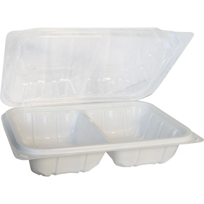Value+ - YR962W-V - PP Hinged Cont. - 8.9x6.3x2.6"-2Compt. - White w/Clear Lid - Eagle Global Solution