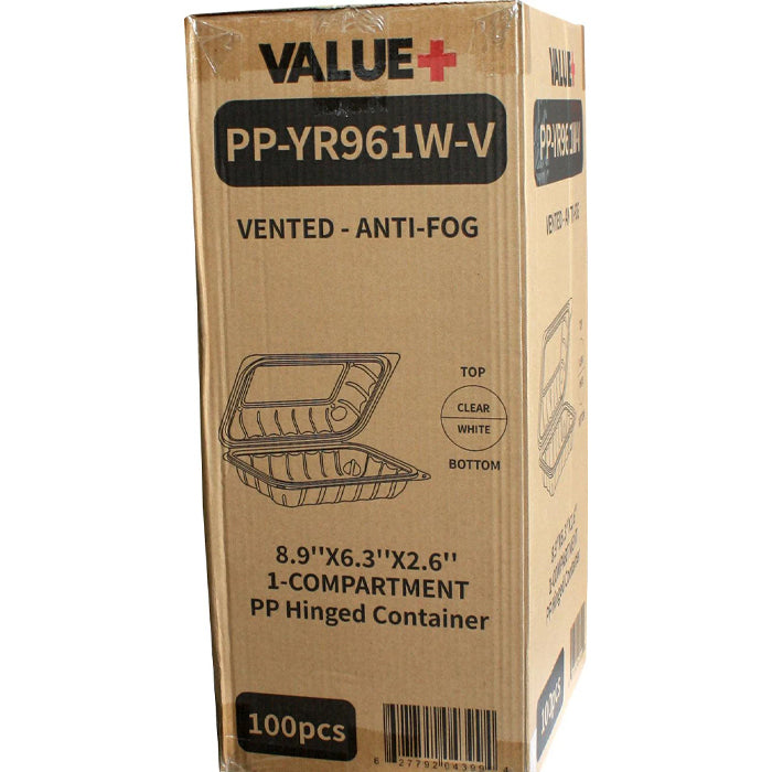 Value+ - YR961W-V - PP Hinged Cont. - 8.9x6.3x2.6" - White w/Clear Lid - Eagle Global Solution