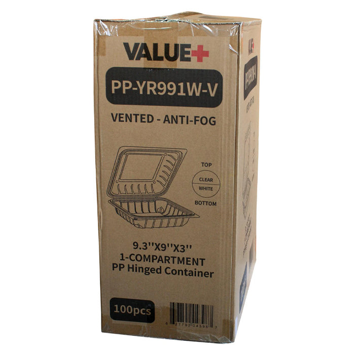 Value+ - YR991W-V - PP Hinged Cont. - 9.3x9x3" - White w/Clear Lid - Eagle Global Solution