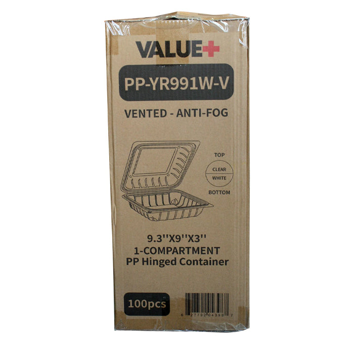 Value+ - YR991W-V - PP Hinged Cont. - 9.3x9x3" - White w/Clear Lid - Eagle Global Solution
