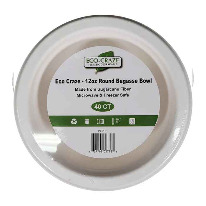 Eco-Craze - 12oz Round Bagasse Bowl - Retail Pack