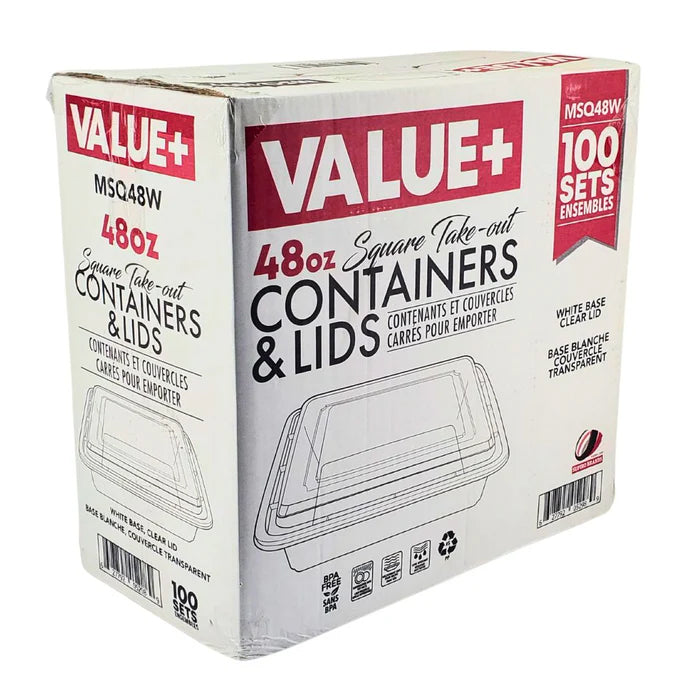 Value+ - 48oz Plastic Container Sets - Square - White - Eagle Global Solution