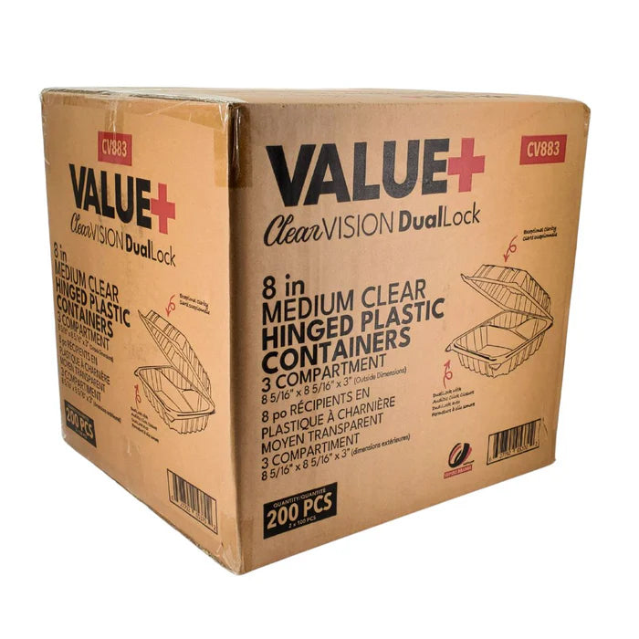 Value+ - Dual Lock - 8 in Medium Clear Hinged Containers - 3 Comp - CV883 - Eagle Global Solution
