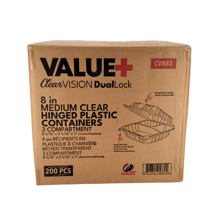 Value+ - Dual Lock - 8 in Medium Clear Hinged Containers - 3 Comp - CV883 - Eagle Global Solution