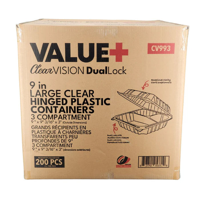 Value+ - Dual Lock - 9 in Large Clear Hinged Containers - 3 Comp - CV993 - Eagle Global Solution