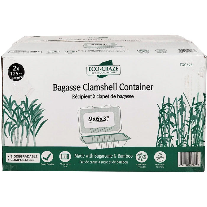 Eco-Craze - 9x6x3 Bagasse Clamshell Container - Eagle Global Solution