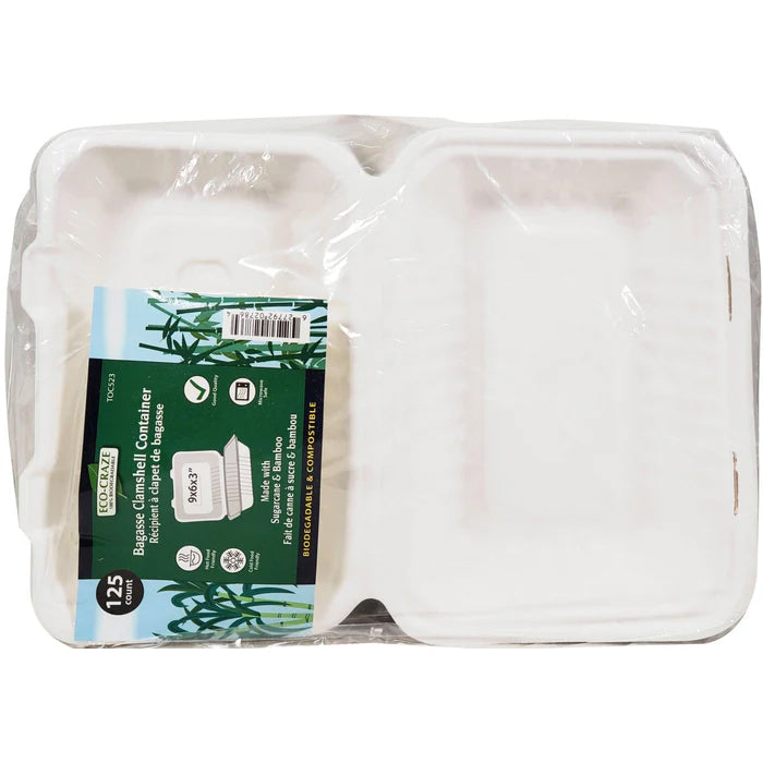 Eco-Craze - 9x6x3 Bagasse Clamshell Container - Eagle Global Solution