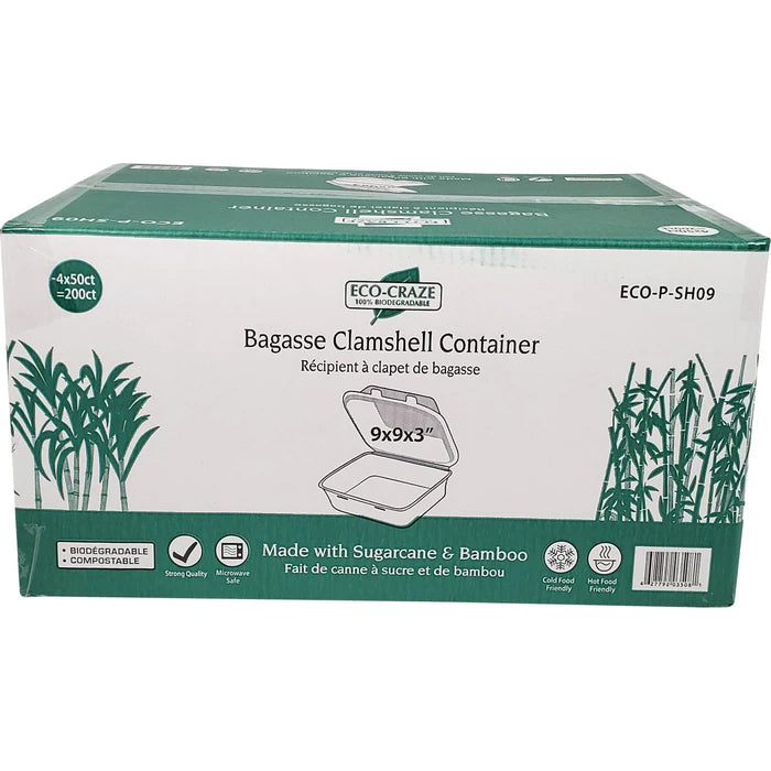 Eco-Craze - 9X9 Bagasse Clamshell Container - Eagle Global Solution