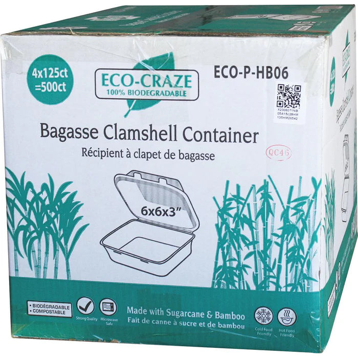 Eco-Craze - 6x6 Bagasse Clamshell Container - Eagle Global Solution