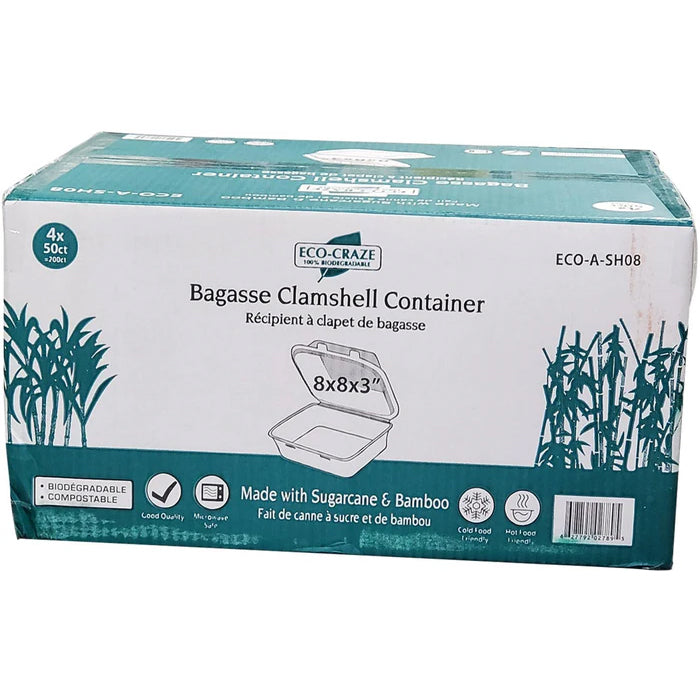 Eco-Craze - 8x8 Bagasse Clamshell Container - Eagle Global Solution
