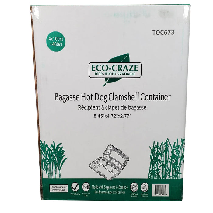 Eco-Craze - Hot Dog - 8.45"x4.72"x2.77" - Bagasse Clamshell Container - Eagle Global Solution