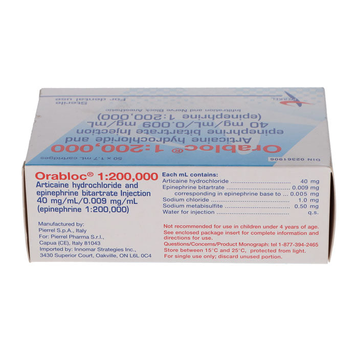 Orabloc Articaine HCl 4%, with Epinephrine, 1:200,000, 1.7 ml, Blue, 50/Pk, 2101052 - Eagle Global Solution