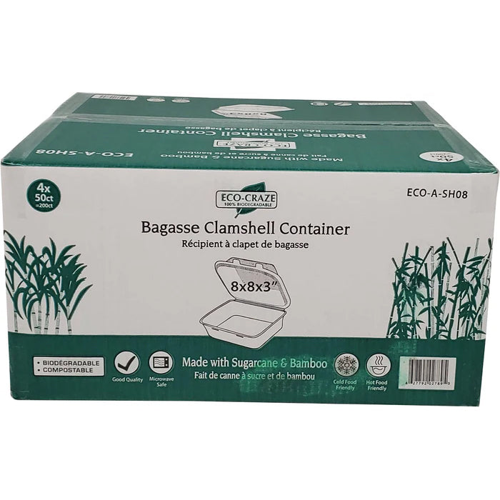 Eco-Craze - 8X8X3 - 3 Compartment Bagasse Clamshell - Eagle Global Solution