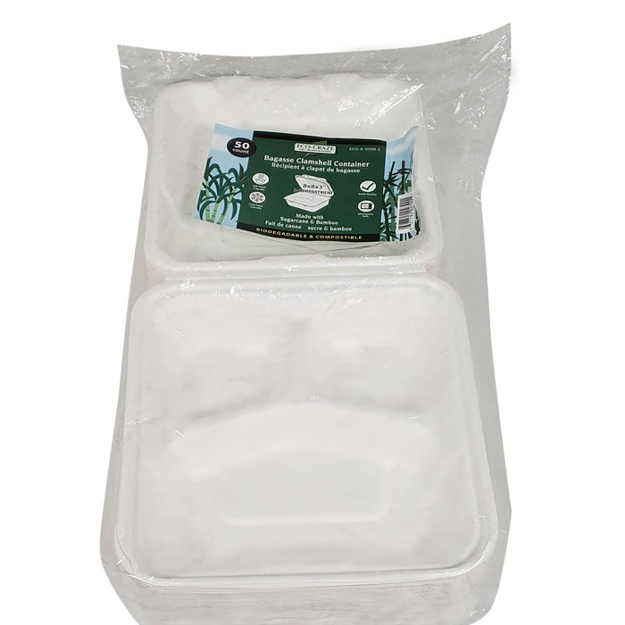 Eco-Craze - 8X8X3 - 3 Compartment Bagasse Clamshell - Eagle Global Solution