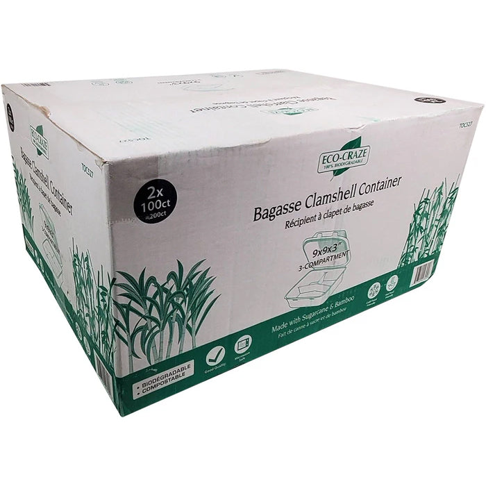 Eco-Craze - Bagasse Clamshell Hinged Container - 9X9 - 3 Compartment - Eagle Global Solution