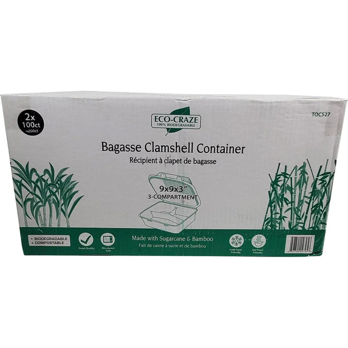 Eco-Craze - Bagasse Clamshell Hinged Container - 9X9 - 3 Compartment - Eagle Global Solution
