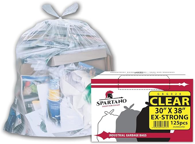 Spartano Clear Garbage Bags 30 x 38 Inch (125 Count), Extra Strong Kitchen Garbage Bag for Waste Bin, Multipurpose Trash Bags For Home & Office Use