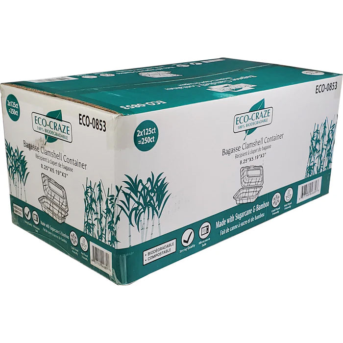 Eco-Craze - 8.25x5.19x3" - Bagasse Clamshell Container - Eagle Global Solution