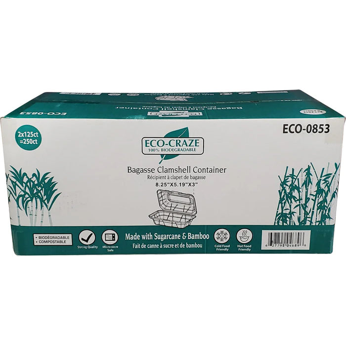 Eco-Craze - 8.25x5.19x3" - Bagasse Clamshell Container - Eagle Global Solution