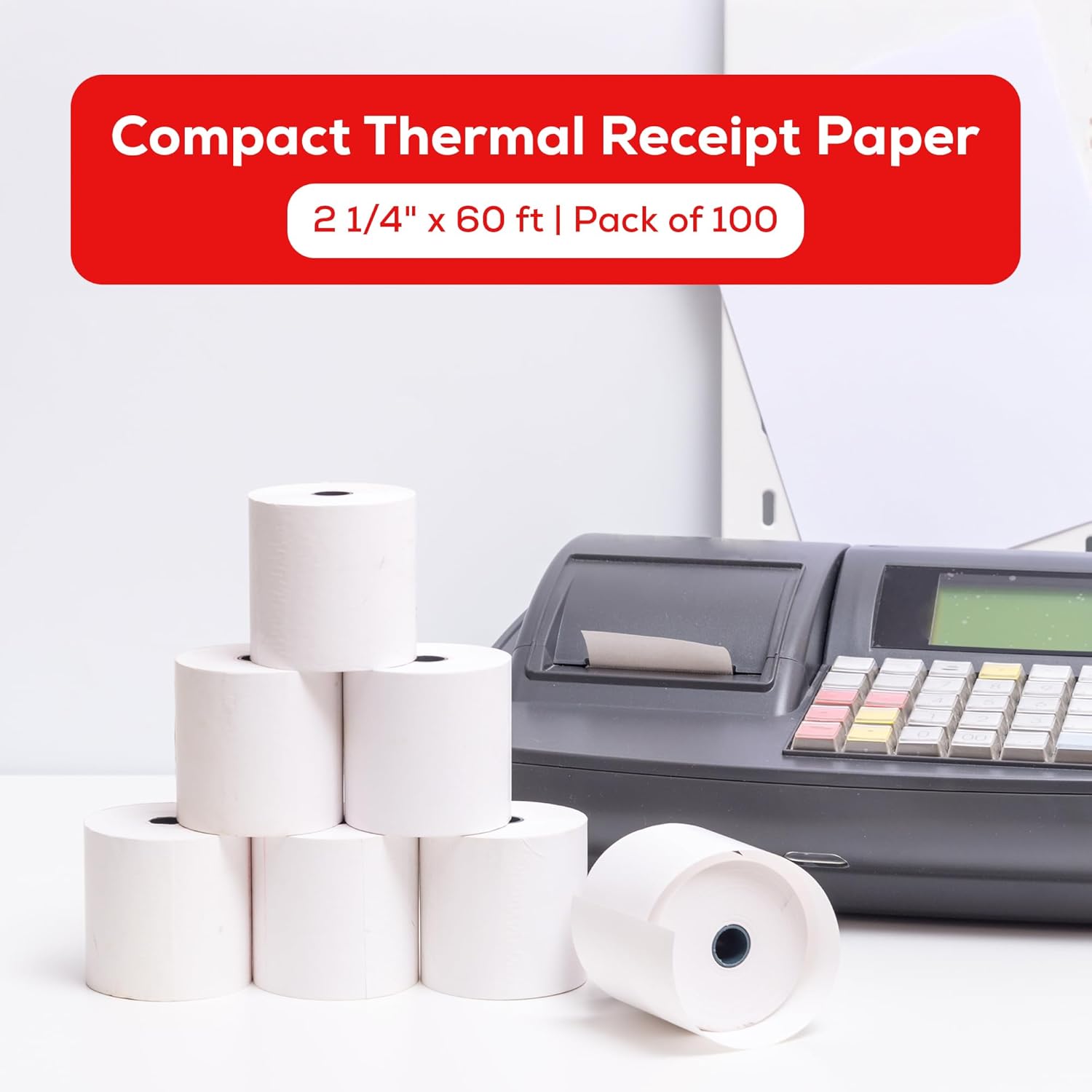Thermal Receipt Paper Rolls 2 1/4" x 60 ft – 100 Pack BPA-Free POS Paper, High-Contrast Ink-Free Printing, Jam-Resistant, Fits Mobile POS, Credit Card Machines & Receipt Printers