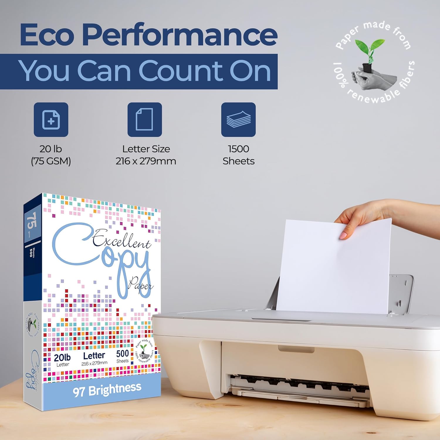 Excellent Copy Paper, 15 lb, Letter Size 8.5” x 11”, 97 Brightness, 1500 Sheets (3 Pack) – 75 GSM Printer Paper for Laser, Inkjet, Copier & Fax – Jam-Free, Smooth Surface, PEFC Certified.