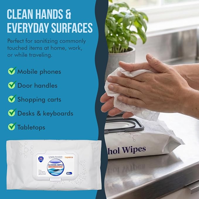 50 Wipes, 3 Packs Eagle Grip Disinfectant Wet Wipes 75% Alcohol - All-Purpose Sanitizing Wipes, Quick-Drying, Non-Sticky, Safe for Skin, Unscented Cleaning Wipes for Hands & Surfaces