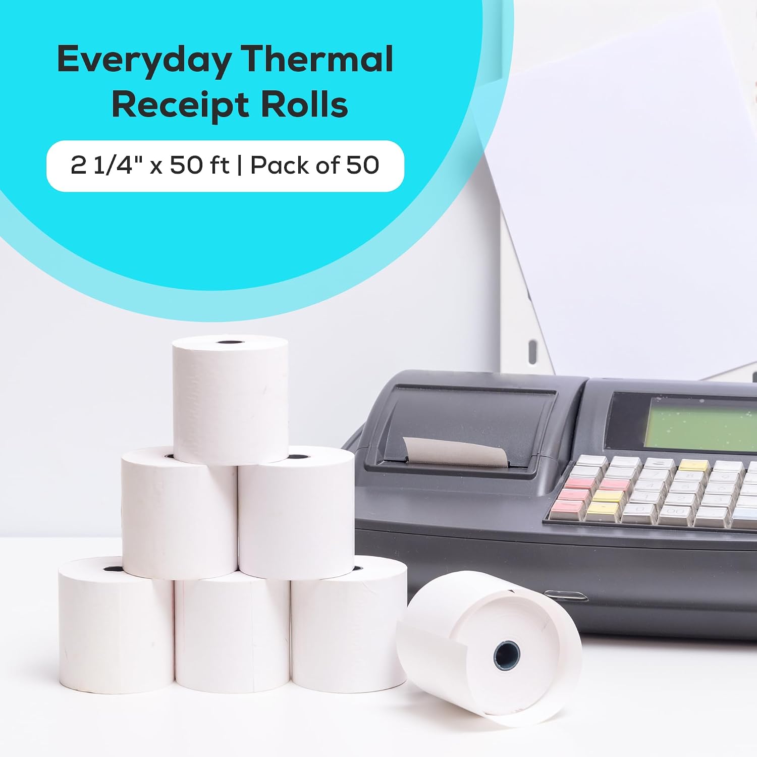 Thermal Paper Receipt Rolls 2 1/4" x 50 ft – 50 Pack BPA-Free POS Receipt Paper, High-Contrast, Jam-Resistant, Compatible with Credit Card Machines, Cash Registers & Receipt Printers
