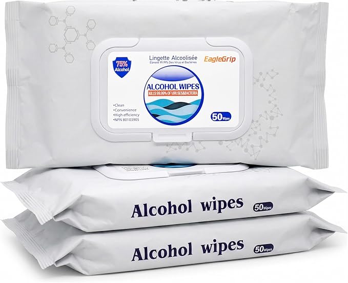 50 Wipes, 3 Packs Eagle Grip Disinfectant Wet Wipes 75% Alcohol - All-Purpose Sanitizing Wipes, Quick-Drying, Non-Sticky, Safe for Skin, Unscented Cleaning Wipes for Hands & Surfaces