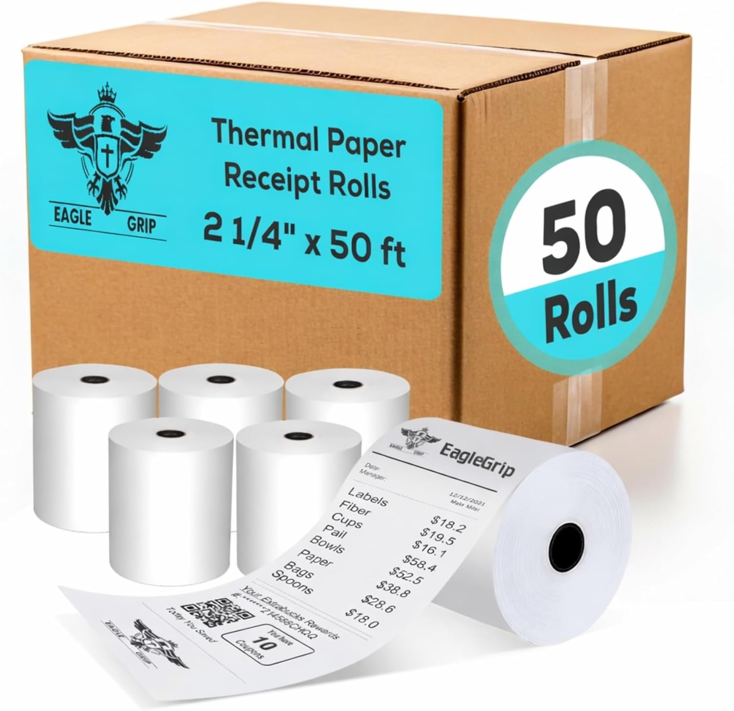 Thermal Paper Receipt Rolls 2 1/4" x 50 ft – 50 Pack BPA-Free POS Receipt Paper, High-Contrast, Jam-Resistant, Compatible with Credit Card Machines, Cash Registers & Receipt Printers