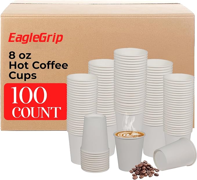 8 Oz, 100 Count Eagle Grip Disposable White Paper Cups – Leak-Proof, Poly-Coated Hot White Cups with Rolled Rim, Durable & Eco-Friendly to-Go Cups for Coffee, Tea, Offices, Cafés
