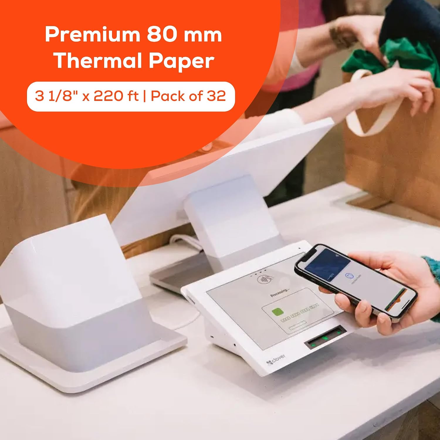 Thermal Paper Receipt Rolls 3 1/8" x 220 ft – 32 Pack POS Receipt Paper, High-Contrast Ink-Free Printing, Jam-Resistant, Compatible with Cash Registers, POS Systems & Receipt Printers