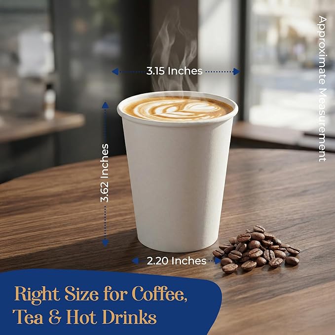 8 Oz, 100 Count Eagle Grip Disposable White Paper Cups – Leak-Proof, Poly-Coated Hot White Cups with Rolled Rim, Durable & Eco-Friendly to-Go Cups for Coffee, Tea, Offices, Cafés