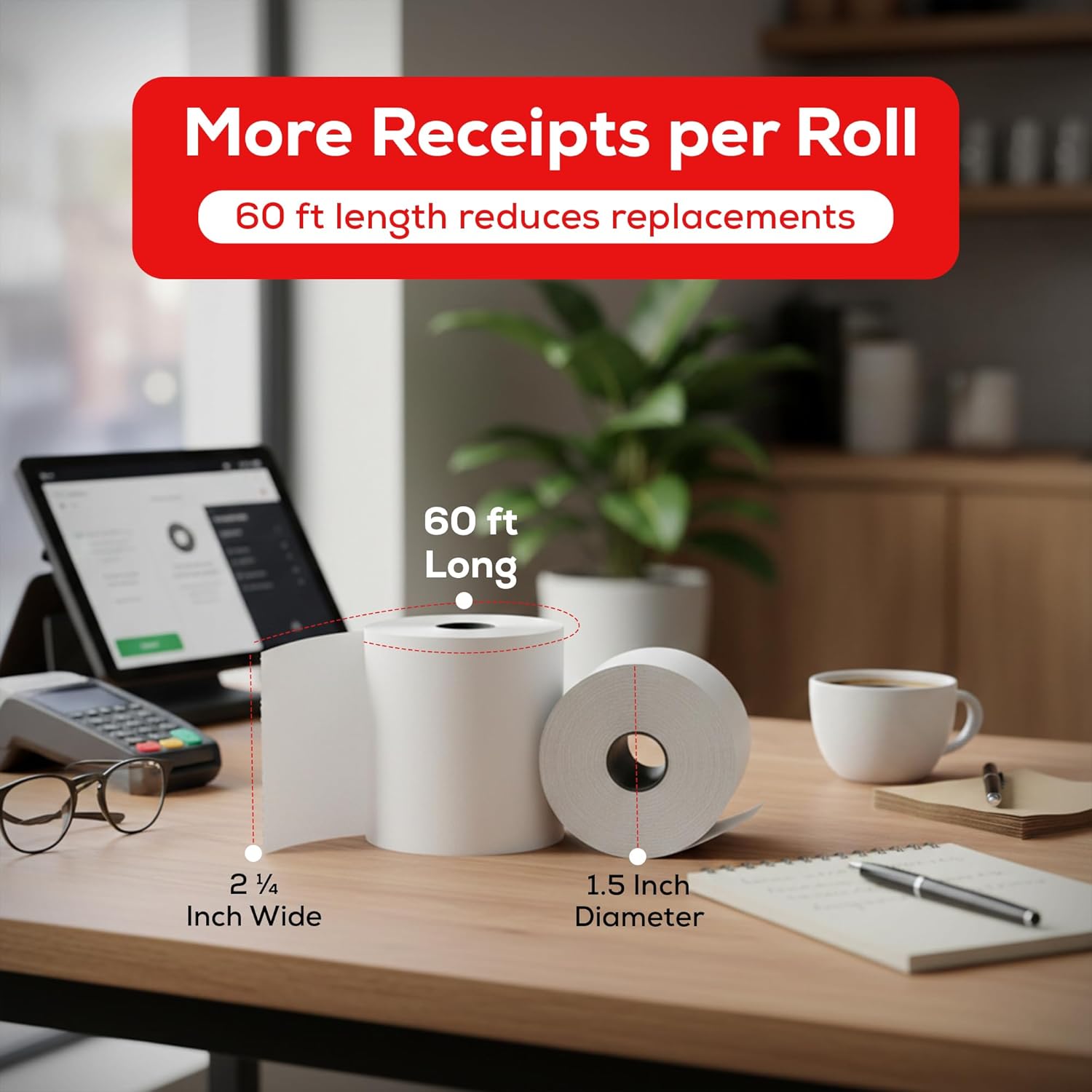 Thermal Receipt Paper Rolls 2 1/4" x 60 ft – 100 Pack BPA-Free POS Paper, High-Contrast Ink-Free Printing, Jam-Resistant, Fits Mobile POS, Credit Card Machines & Receipt Printers