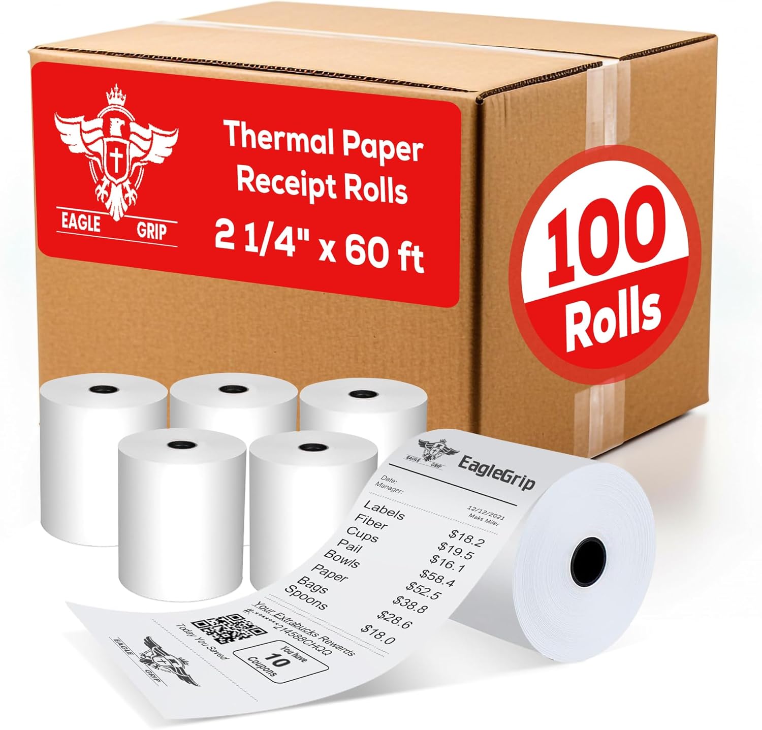 Thermal Receipt Paper Rolls 2 1/4" x 60 ft – 100 Pack BPA-Free POS Paper, High-Contrast Ink-Free Printing, Jam-Resistant, Fits Mobile POS, Credit Card Machines & Receipt Printers